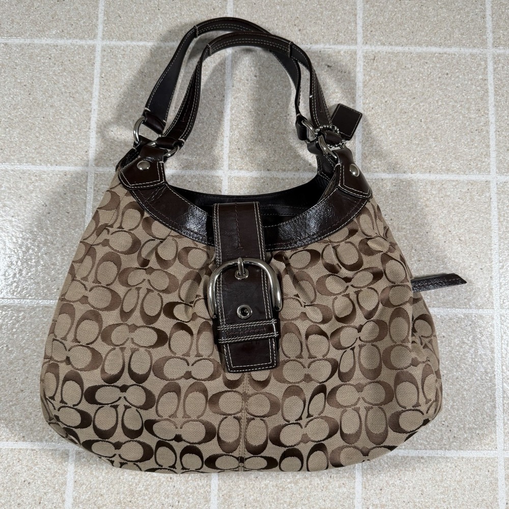 Coach Soho Lynn Shoulder Signature Hobo Bag F15083 Y2K Tan Brown Leather Trim